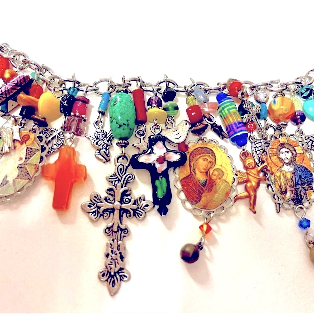 Silver Saints Charm Bracelet, Colorful Glass Beads, Crosses, Charms. Never worn!